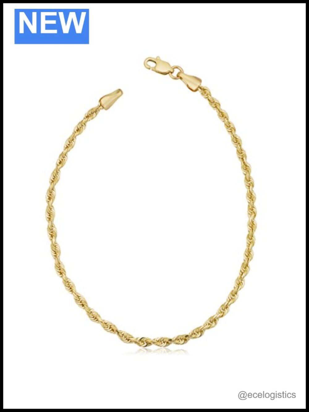 10k Yellow Gold Rope Chain Bracelet 2.6 mm Unisex 7.5 in